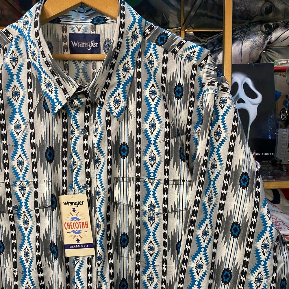 NWT Wrangler Checotah Pearl Snap Shirt Southwestern Aztec Geometric Blue XXL